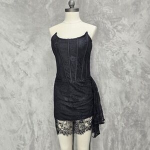 Whimsigoth Fashion Nova Black Lace Corset Mini Dress Womens Boning Emo Ruched M
